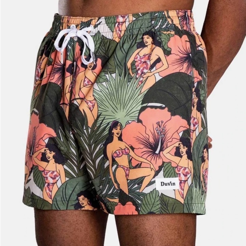 DuVin Design Beach Babes Tropical Print Swim Trunks Novelty  Quick Dry Fabric. L